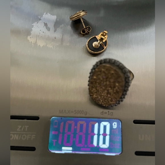 Milor 14K Yellow Gold Druzy & White Topaz Ring with druzy set of earrings. - Picture 8 of 13